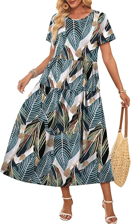 Women's Leaf Print Tiered Maxi Dress